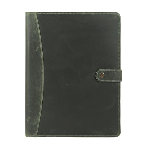 Image of KomalC Leather Portfolio Folder with Button Closure | Business Padfolio for Professionals | Vintage Organizer with Legal Pad Holder, Card Slots & Document Pockets (Green)