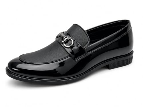 Image of Men's Formal Dual-Texture Loafer, Slip-On Dress Shoe, Patent and Matte Finish, Metallic Bit Detail, for Black-Tie Events and Festive Occasions