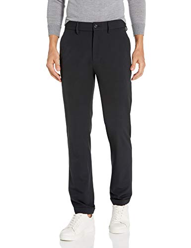 Kenneth Cole REACTION Men's Stretch Solid Drawstring Slim Fit Flat Front Flex Waistband Dress Pant, Black, 36 X 29