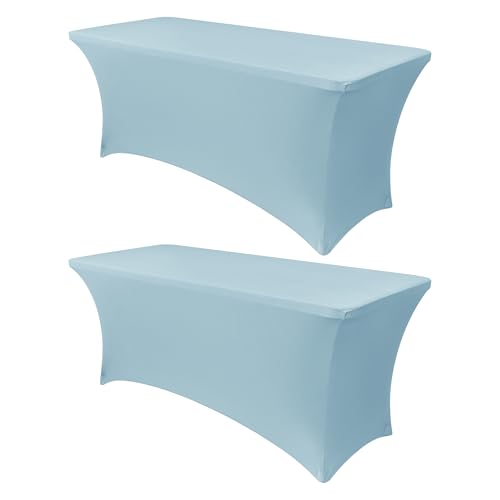 Image of Obstal 6Ft Stretch Spandex Table Cover for Standard Folding Tables - 2 Pack Universal Rectangular Fitted Tablecloth for Party, Banquet, Events, Trade Show (Dusty Blue, 72L x 30W x 30H Inches)