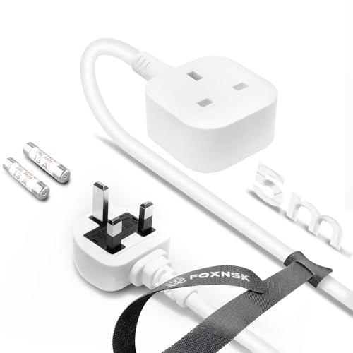 Single Plug Extension Lead 5m, 1 Gang Single Socket Extension Lead Surge Protected, 13amp 250V 3kw UK 3 Pin Fused Mains for Tumble Dryer, Rubber, Tough and Fireproof, White