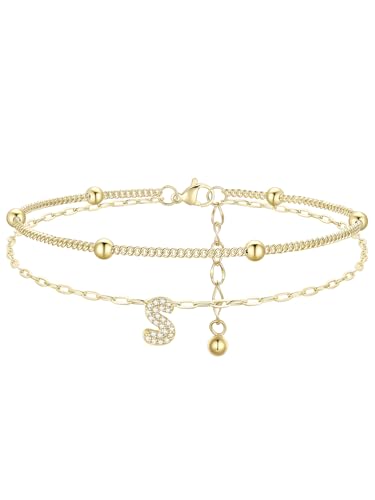 FindChic Womens Ankle Bracelets Initial Anklet Gold Plated Anklet Rhinestone Non Tarnish Anklets for Women, Letter S