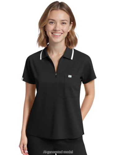 Image of Scrub Tops for Women, Medical Short Length Zip-Front Polo Scrub Top