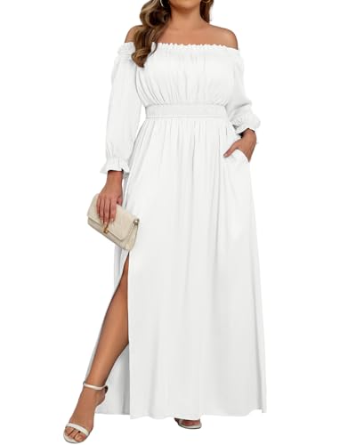 Image of Holipick Women's Off The Shoulder Boho Dress Plus Size Floral Smocked Waist Split Summer Maxi Sundress with Pockets