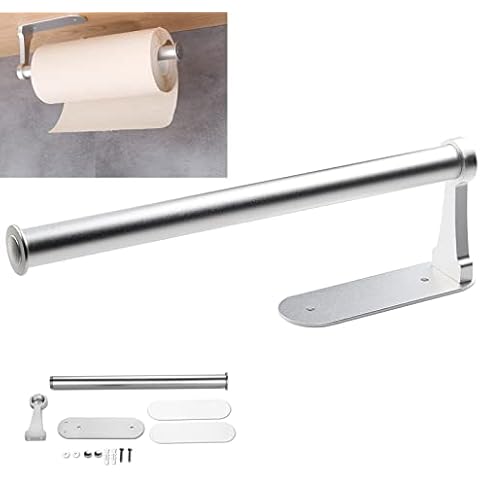 Paper Towel Holder,Kitchen Roll Holder Under Cabinet,Paper Roll Holder Wall Mount,Both Available in Adhesive and Screws,Aluminum Alloy Paper Towel Holder for Pantry,Bathroom,Cabinets,Laundry (Silver) Cover