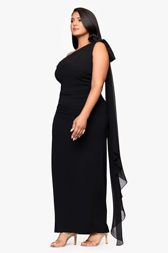 Xscape Women's Scuba Crepe Asymmetrical Neck and Chiffon Sash Floor Length Dress (Plus)3