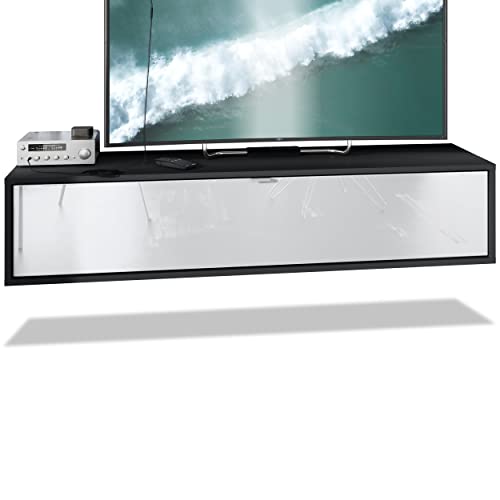 Vladon Meuble TV Lana 140 Armoire Murale lowboard 140 x 29 x 37 cm, Caisson en Noir Mat, façades en Blanc Haute Brillance | Grand Choix de Couleurs