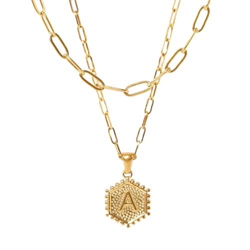 PNNY AMDA Initial Necklace for Women: 18K Gold Plated Paperclip Chain Layering Letter Name Pendant – Layered Necklace Trendy Jewelry Gifts (A.) XL-SLTZM-A