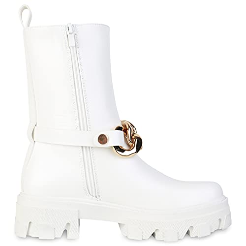 VAN HILL Damen Plateau Boots Blockabsatz Stiefeletten Freizeit Schuhe Ketten Stiefel Profilsohle Booties Absatzschuhe 201146 Weiss 41