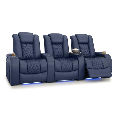 Image of Seatcraft Diamante Navy Blue Italian Leather Home Theater Seating, Zero Gravity Power Recliner, Gaming and Home Office Chair, Powered Headrest Furniture for Family Cinema Room, Row of 3