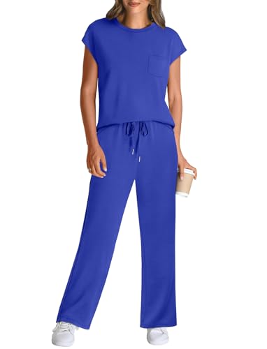 Image of WIHOLL 2 Piece Sets for Women Casual Summer Travel Vacation Outfits Cap Sleeve Lounge Set