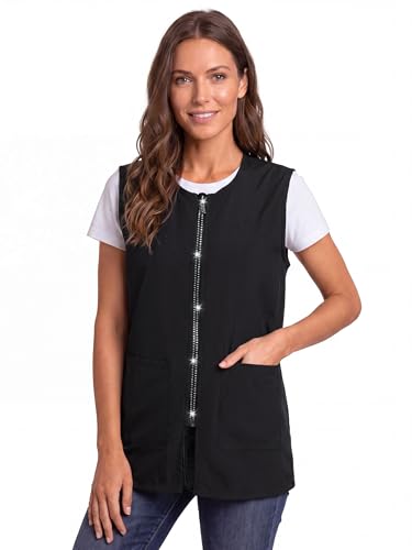 SOMSOC Glitz Rhinestone Zipper Salon Stylist Vest with Pockets Unisex Sleeveless Hairdresser Salon Apron Work Smock Uniform