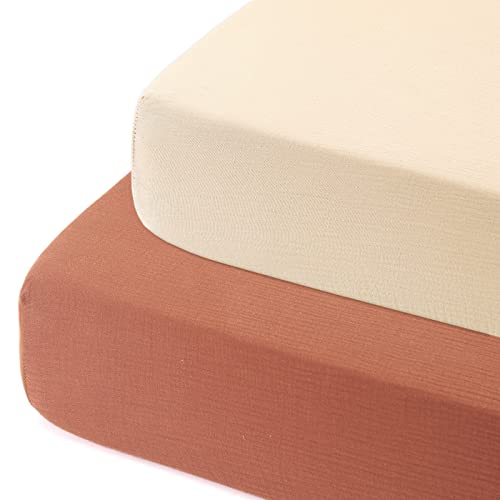 Image of GRSSDER 100% Cotton Muslin Crib Sheet 2 Pack - Breathable & Ultra-Soft Fitted Crib Sheets for Standard Baby & Toddler Mattresses, 52 inchx28 inch with 9 inch Deep Pocket, Snug Fit All-Around Elastic