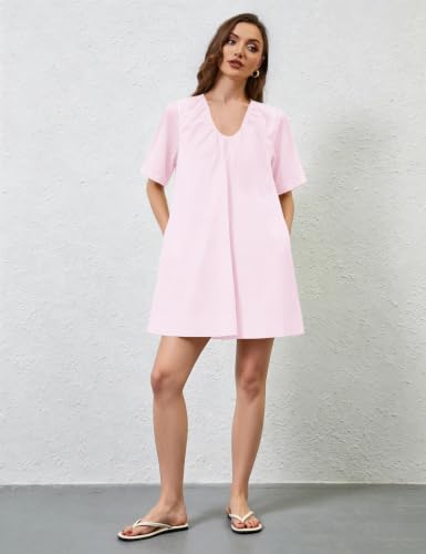 Image of Women Summer Sleeveless Babydoll Mini Dress Scoop Neck Loose Fit Tank Dresses Party Ruched Short Dress with Pockets