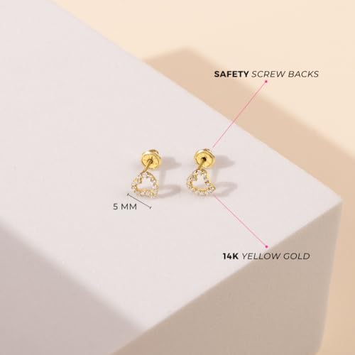 14k Yellow Gold Cubic Zirconia Encrusted Heart Safety Screw Back Earrings For Little Girls - Small Heart Earrings For Children - Glimmering Clear CZ Earrings For Kids With Safety Closure4