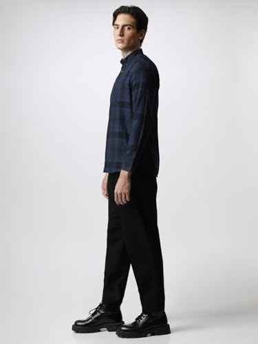 Image of Men Navy Blue Checked Slim Fit Cotton Casual Shirt