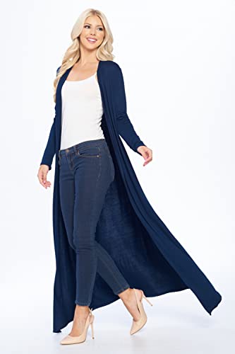 Image of Isaac Liev Women's Maxi Cardigan - Casual Long Flowy Open Front Floor Length Drape Lightweight Duster Sweater Made in USA Navy