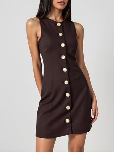 Women's Button Down Mini Tank Dress Crew Neck Sleeveless Work Office Dresses4