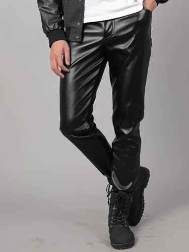 Mens Slim Fit Leather Pants 70s Retro Straight Leg Pants Disco Party Trousers Biker Pants2