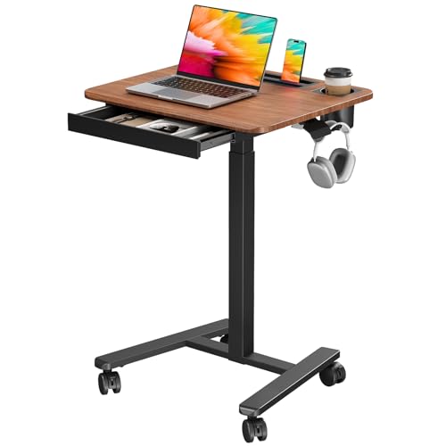 Image of Small Mobile Standing Desk with Drawer, 23.6 inchx19.7 inch Rolling Laptop Cart on Wheels, Height Adjustable Sit Stand Computer Workstation with Storage for Compact Space, Dark Wood