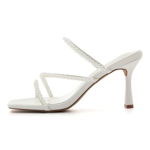 Image of Shoe'N Tale Strappy Kitten Heels For Women Stiletto Mules Square Open Toe Slip On Sandals