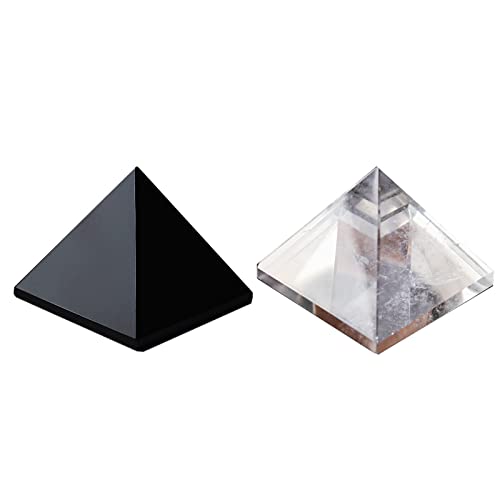 Image of Runyangshi 2pc Clear Quartz + Obsidian Pyramid | 1.6x1.6in (4x4cm) Natural Crystal Energy Generator for Protection & Positive Energy | Healing Crystal Pyramid for Chakra Reiki Home Decor