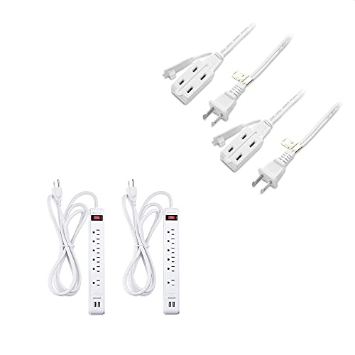 Cable Matters 2-Pack 16 Awg 2 Prong Extension Cord (3 Outlet Extension Cord) With Tamper Guard White In 10 Feet & 2-Pack 6 Outlet Surge Protector Power Strip #TOP29