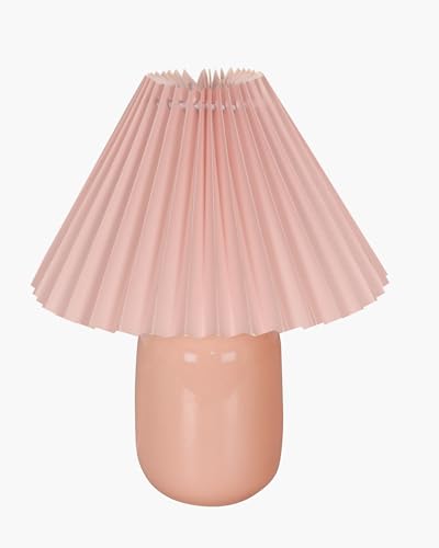 Image of Homesake Modern Small Ceramic Table Lamp, Classic Bedside Desk lamp for Living Room Bedroom, Farmhouse Nightstand Lamps Side Table Lamp Kids Room Glossy Dovel, Pink Pleated Shade