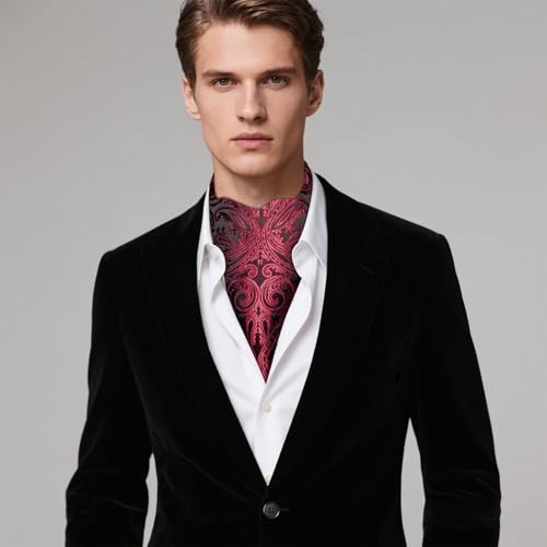 Image of Hi-Tie Silk Ascot for Men Self Tie Men's Cravat and Flower Lapel Pin Handkerchief Cufflinks Set for Wedding Party