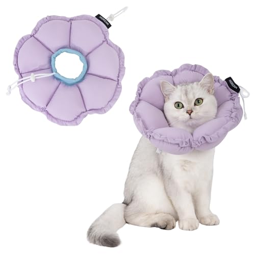 エリザベスカラー 猫用 犬用 ソフト 防水 軽量 手術後傷口保護 舐め防止 引っ?き防止 視界や飲食を妨げない 調整可能なアウターリング深さ設計 可愛い紫色の花の形 Sサイズ