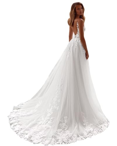 V Neck Lace Wedding Dresses for Bride Spaghetti Straps Tulle Bridal Gowns 2025 A-line Backless Beach Wedding Dress White US8
