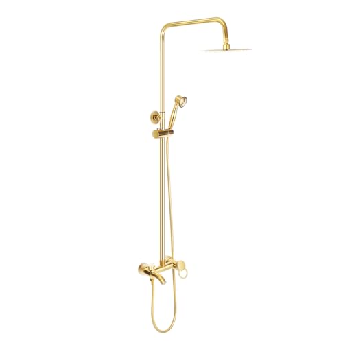 Set doccia con doccia a pioggia, montato a parete, con colonna doccia, sistema doccia, 80-117 cm, altezza regolabile, in acciaio inox, set completo, per hotel, piscine, palestre, oro