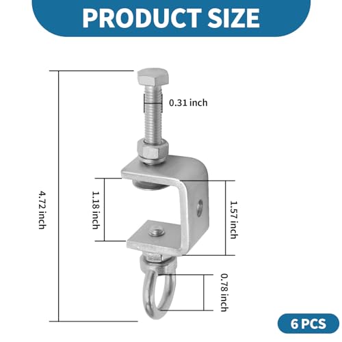 Image of Saihisday 1 inch 25mm C-Clamps, 6PCS Stainless Steel Beam Clamp with M8 Stainless Steel Screw Ring, I-Beam Design U-clamps Universal Desk Clamp for Metal Mounting Welding Building Household