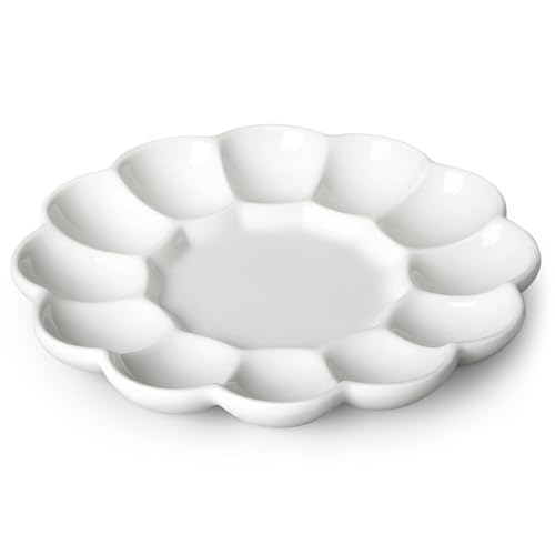 MALACASA Ceramic Deviled Egg Tray & Platter, Holds 12 Halves, Easter Egg Holder, 10-Inch Round White Egg Serving Plate, Dishwasher & Microwave Safe, Perfect for Holiday Dinner, Picnic & Daily Use