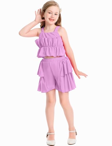 Image of Cute Toddler Girls Two Piece Short Sets Ruffle Sleeveless Top and Elastic Waistband Short Sets