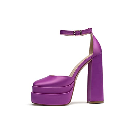 Vivianly Platform Chunky High Heels Sandals Closed Square Toe Ankle Strap Pumps Dress Party Wedding Shoes Size 8 Purple #TOP1