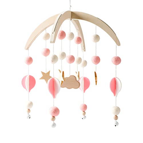 Youuys Mobile Bébé Bois avec Boules de Feutre Étoiles Mobile Bébé Carillon Cloche de Lit Pendentif pour Lit de Bébé Décoration Chambre de Bébé Cadeau pour Bébé Fille Garçon (Rose)
