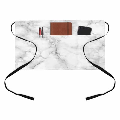 IRISDECOOOR Abstract Marble Half Waist Apron Simple Marble Back Texture Modernism Short Waiter Aprons with 3 Pockets for Women Men Kitchen Restaurant Cooking