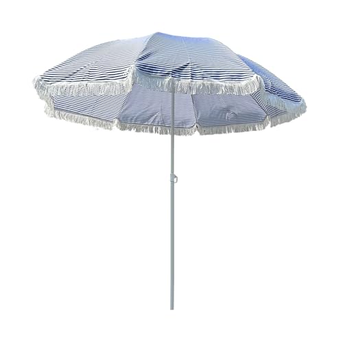 Sombrilla de rayas bohemia contra el calor extremo con protección UV y altura regulable para patio