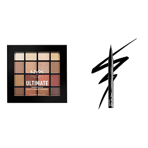 NYX Professional Makeup Palettes de Fards à Paupières Ultimate Shadow Palette, 16 Couleurs, Pigments Pressés, Fini Irisé, Métallique, Mat & Eyeliner Feutre Epic Ink Liner, Waterproof, Black