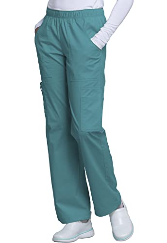 Cherokee Women's Petite Workwear Scrubs Core Stretch Pull-On Cargo Pant, Teal Blue, Medium-Petite