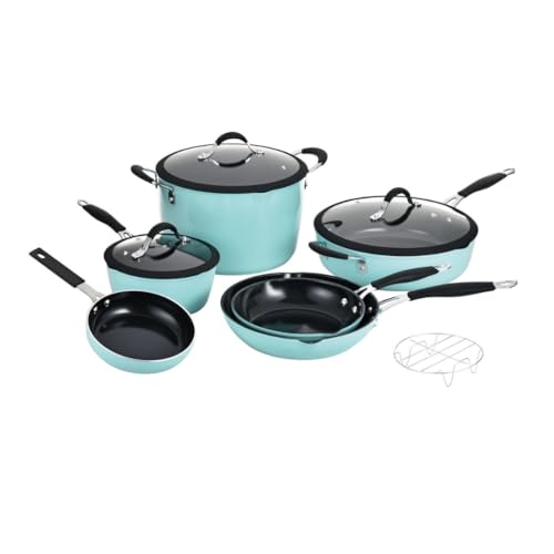 Image of Alpine Cuisine 10-Piece Aluminum Forged Nonstick Cookware Set with Stainless Steel Handles, Induction-Ready Pots & Pans, Glass Lids, Teal