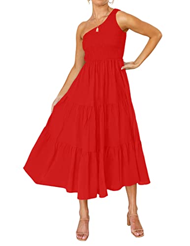 Image of ZESICA Women's 2026 Bohemian Summer Floral Print One Shoulder Sleeveless Smocked Ruffle Tiered Beach Long Midi Dress