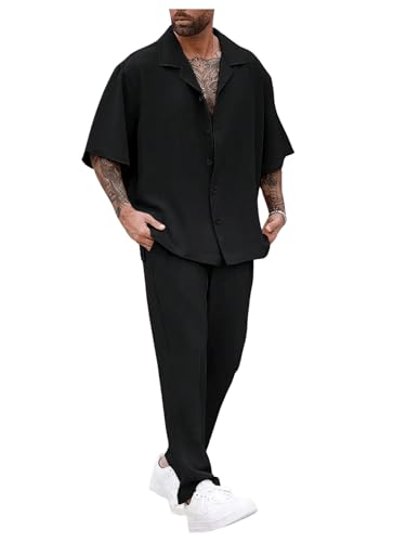 Men's 2 Piece Set Short Sleeve Button Down Shirts and Drawstring Pocket Pants Vacation Beach Outfits