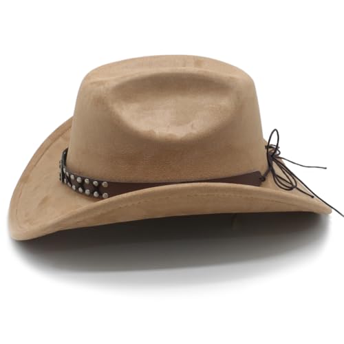 Image of Cowboy Hat for Women Men Wide Brim Western Cowgirl Hat Roll up Brim with Belt Buckle Classic Suede Country Cowboy Hat