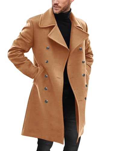 Runcati Mens Double Breasted Trench Coat Notch Lapel Peacoat Mid