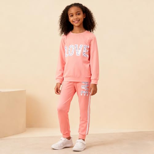 Image of Tween Girl's Letter Print Top + Jogger Pants 2 Piece Outfit Set Kids Clothing, Sizes 6-14 Years