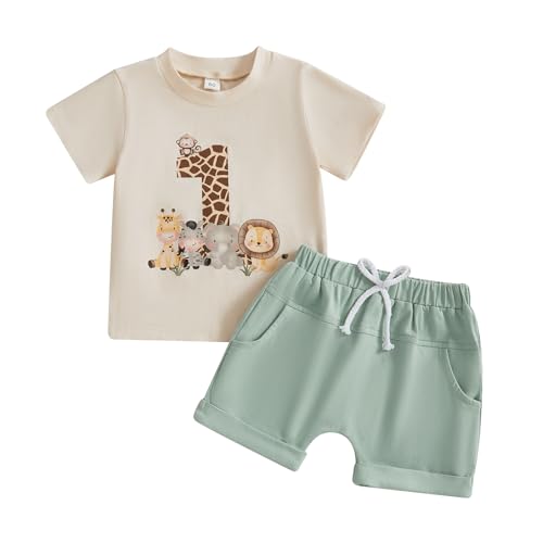 Geagodelia Baby Jungen 1. Geburtstag Kleidung Sommer Kurz Babykleidung Outfit Set T-Shirt Top + Shorts Neugeborene Weiche Babyset 1 Jahr Zweiteiler (Beige & Grün 64 12-18 Monate)