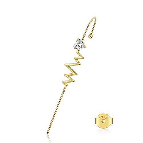 1Pcs Ear-Wrap Crawler Hook Earrings - 925 sterling silver 18K Heartbeat ECG Cuffs & Wraps Earrings With CZ Heart Diamond for Women and Girls valentines day Gifts