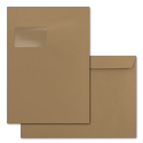Lot de 10 grandes enveloppes XXL en papier kraft marron sable - 22,9 x 32,4 cm - Fermeture adhésive avec fenêtre - Enveloppes d'expédition pour DIN A4 Cover